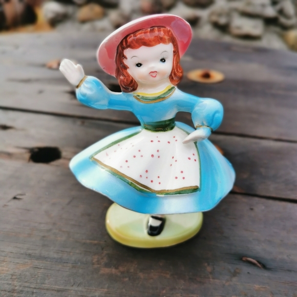 Vintage Japan Ceramic Waving Girl in Blue Dress Figurine - Picture 1 of 16